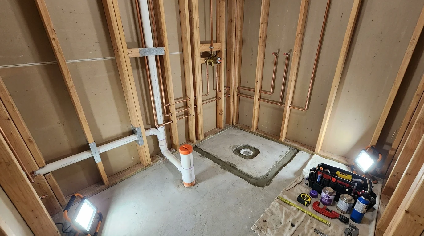 Bathroom rough-in plumbing during remodel by Johns Plumbing LLC in Laconia