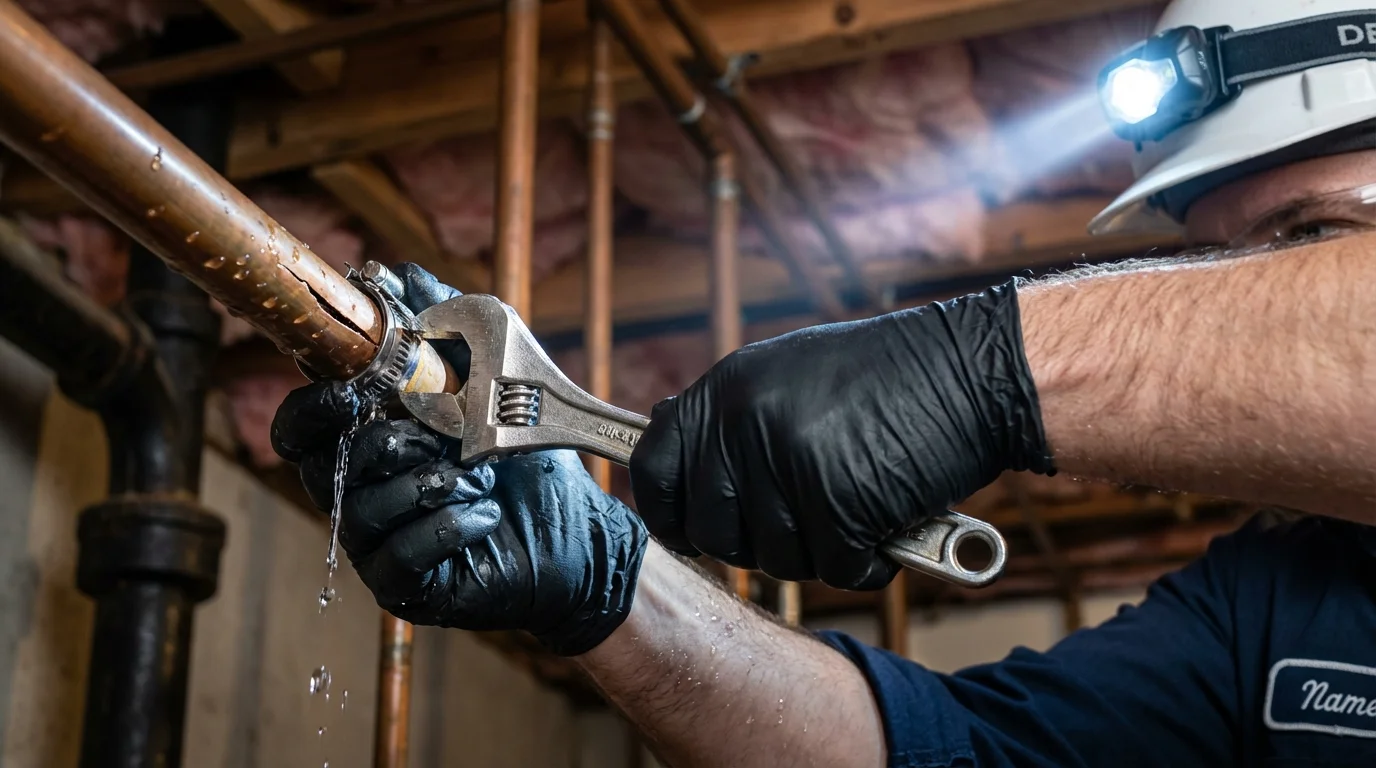 Emergency pipe clamp repair being performed by a Johns Plumbing LLC plumber in Laconia