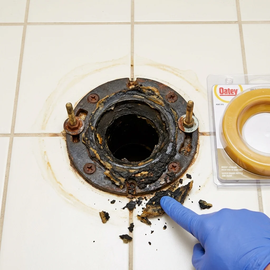 Failed wax ring showing water seepage at the base of a toilet in a Laconia, NH home