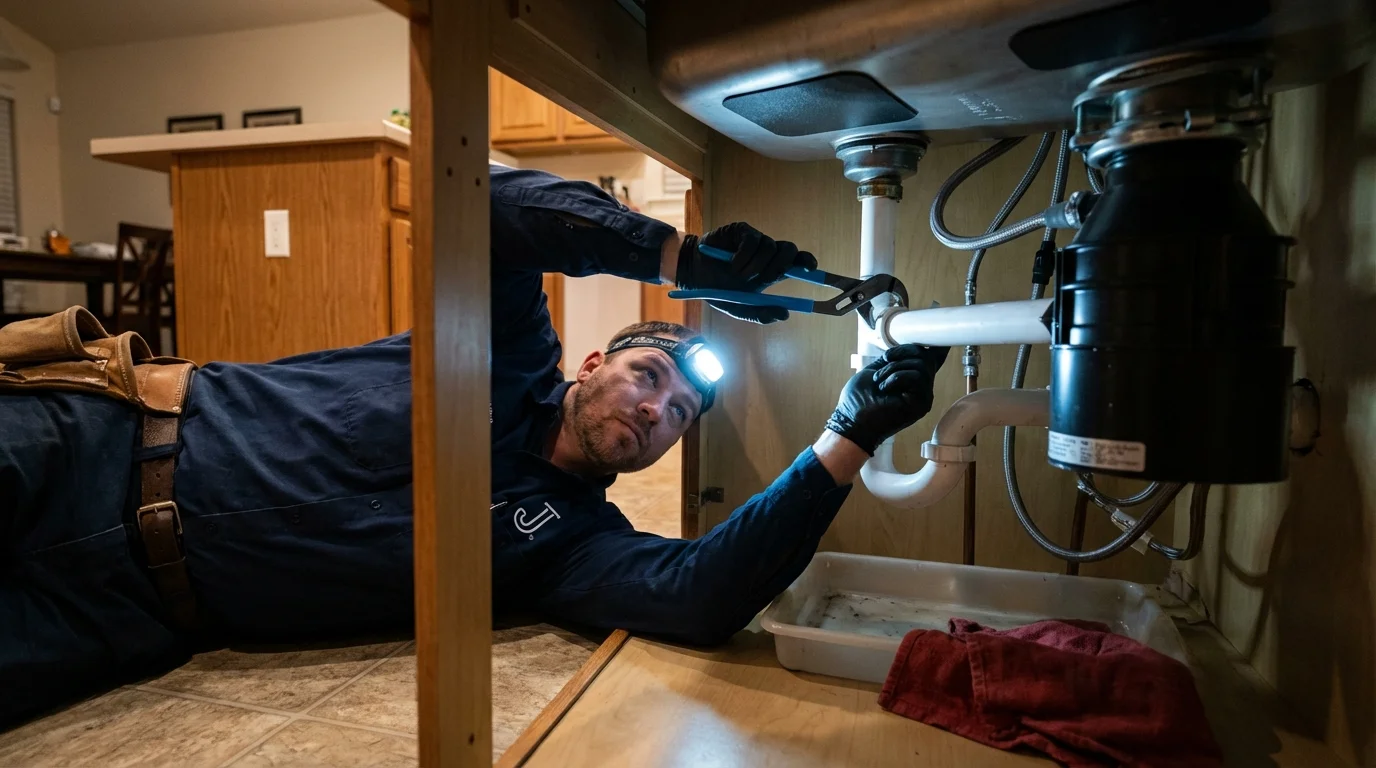 P-trap and supply line connections under a kitchen sink showing a common leak point in Laconia, NH